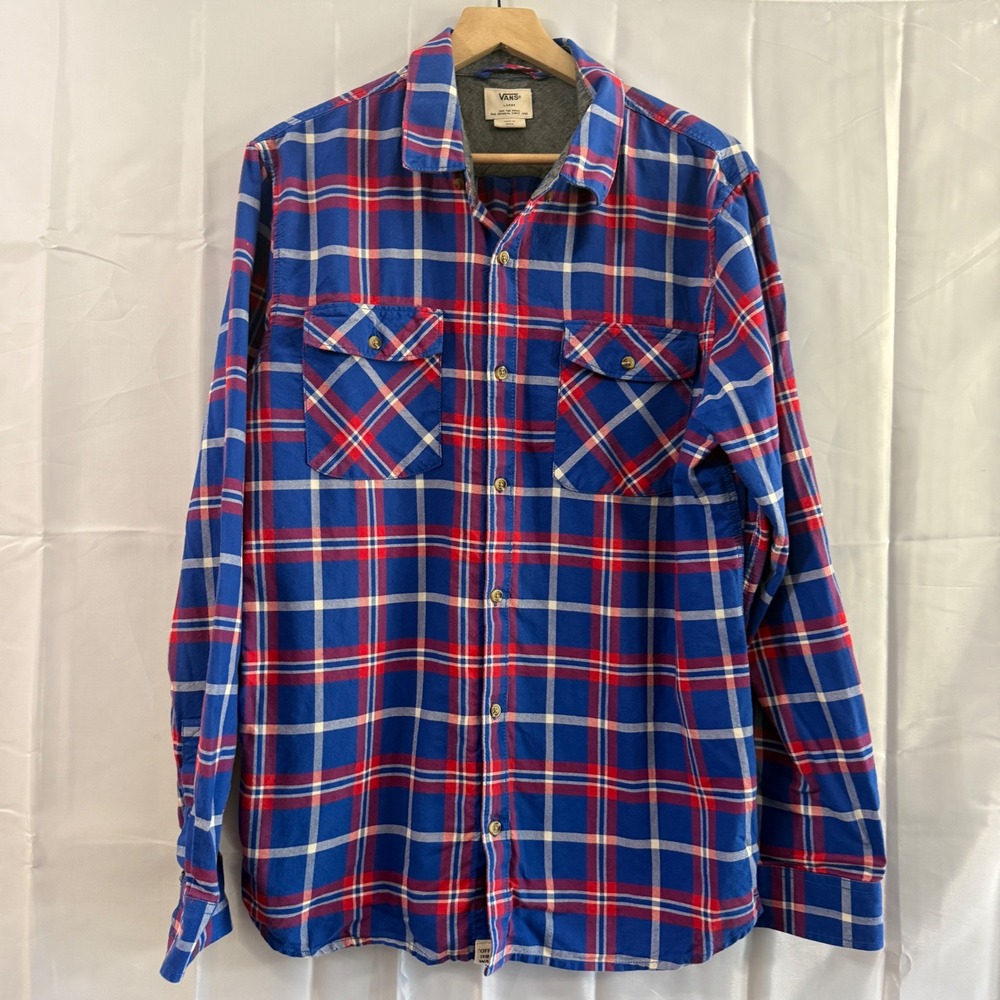 Vans Off The Wall‎ Mens Blue Red Plaid Flannel Button Down Shirt Large Grunge